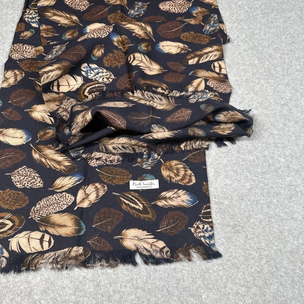 Paul Smith Wool Tube Scarf Brown Feather Print Made England Designer 14x52in